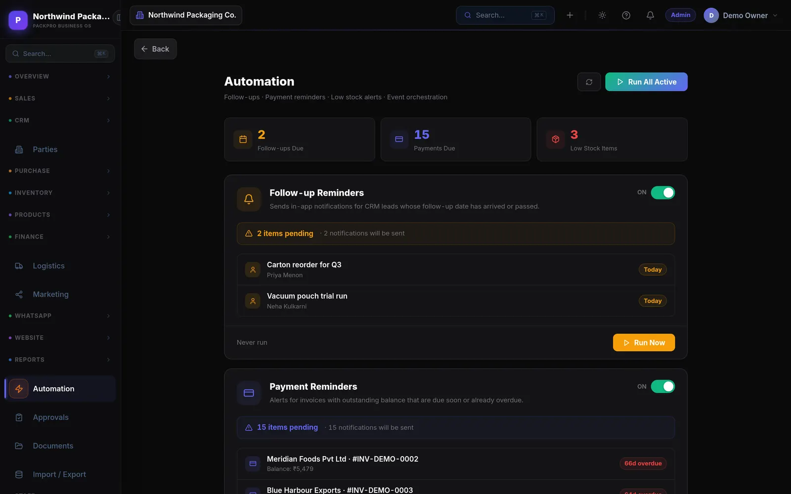 The automation screen showing follow-up reminders, payment reminders and low-stock alerts with their settings.