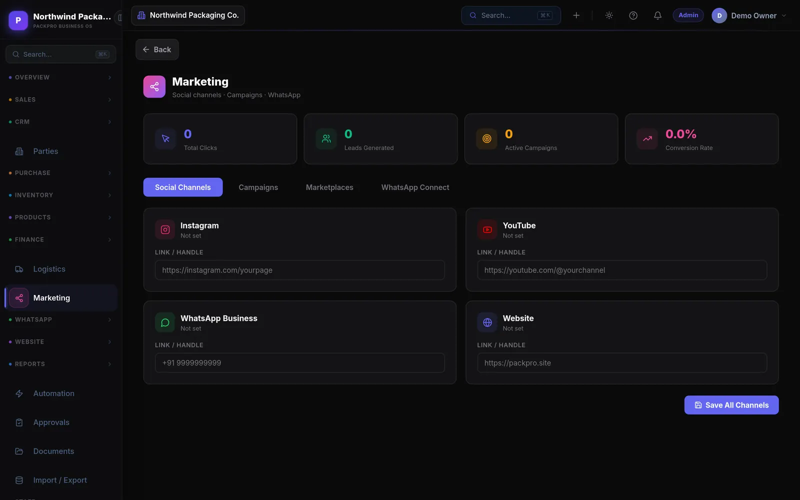 The marketing screen with campaigns, social links and WhatsApp connection.