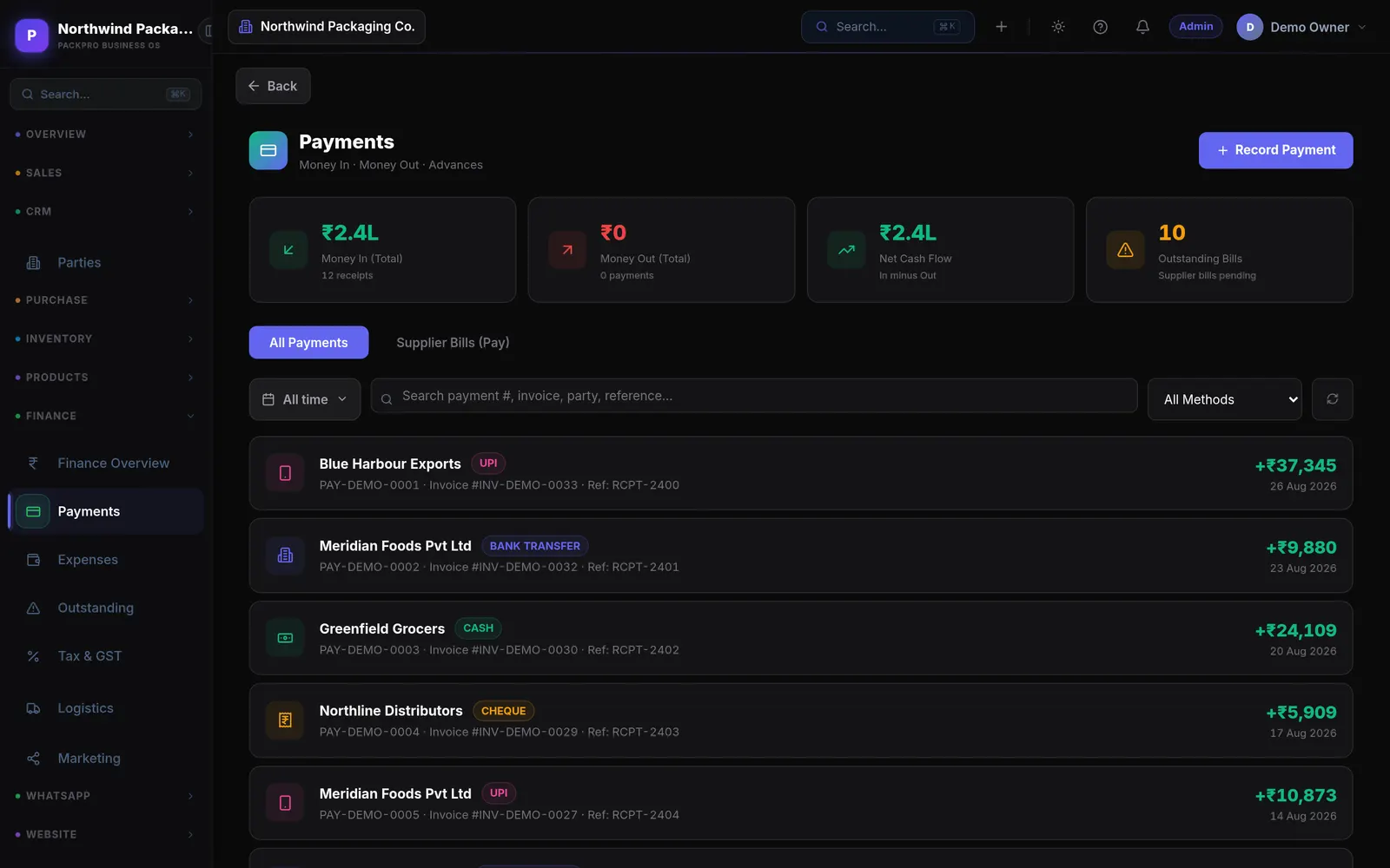 The payments list showing receipts and payments against invoices and bills.