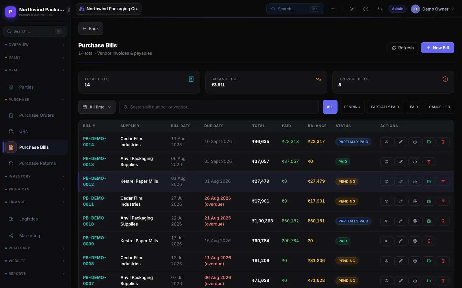 The purchase orders list with supplier, value and receipt status.